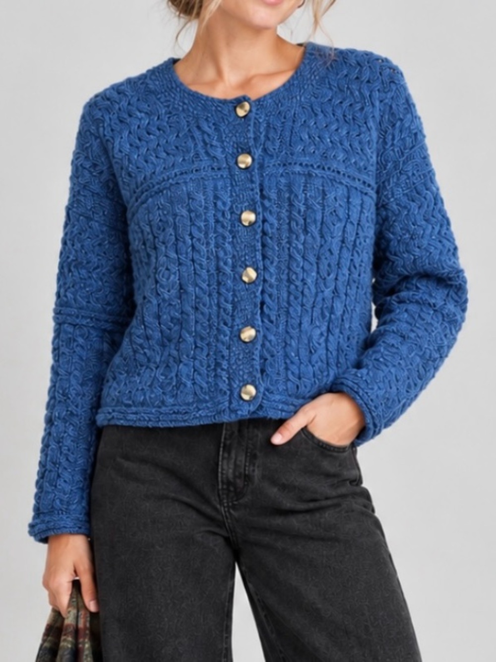 Carriage Donn Wool Aran Irish Cable Knit Cardigan Sweater Blue L Cabincore